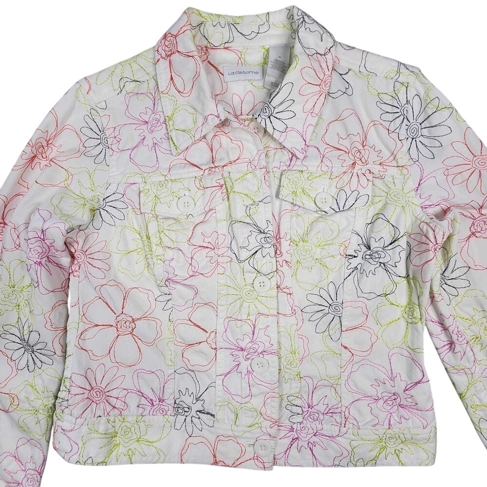 Liz Claiborne Womens White Denim Floral Embroidered Trucker Jacket Medium